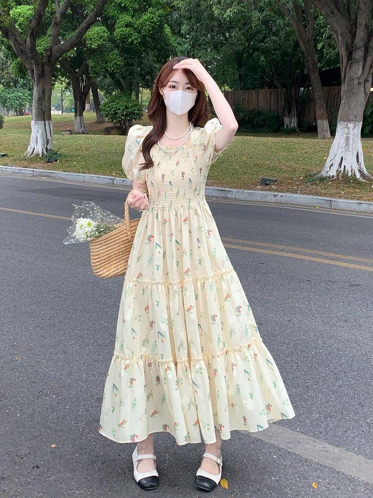 Elegant Summer 2025 French Square Neck Floral Dress for Women
