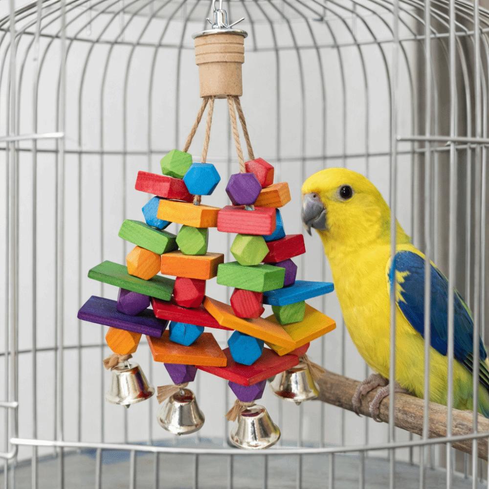 Pet Swing Multi Colored Parrot Chew Hanging Bite Resistant Rainbow Bite String Blocks with Bells Bird Climbing for Bird Cage