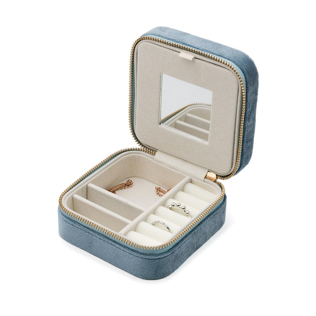 Velvet Earring Ring Storage Box Zipper Candy Color Flannel Small Travel Necklace Jewelry Storage Organizer Case With Mirror синий