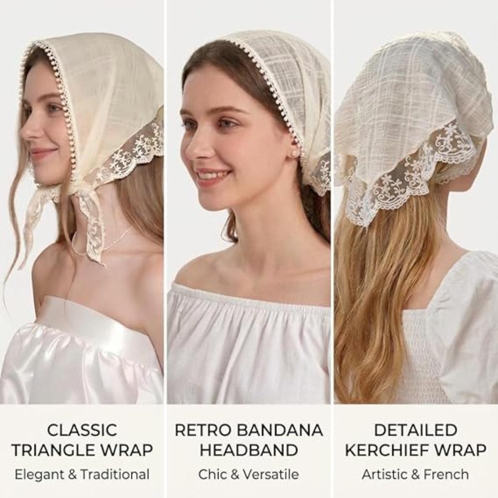 3-Piece Set: French Triangle Scarves, Cute Polyester Lace Headbands, Spring/Summer Fashion Headbands, Women's Elegant Lace Details