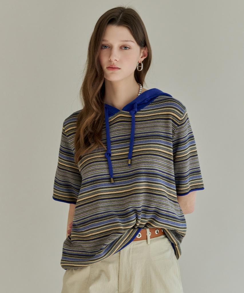 MAXZA Multi-Stripe Short-Sleeve Hooded Knit