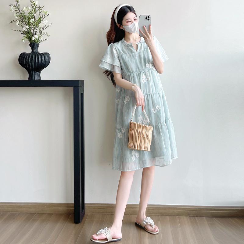 Summer 2026 Maternity Ombre Chiffon Dress with Embroidered Batwing Sleeves M