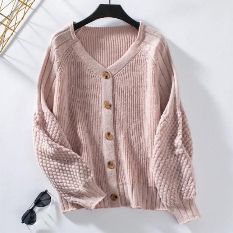 Loose Knitted Sweater Coat Women Solid Color V Neck Lantern Long Sleeve Cardigan Single Breasted