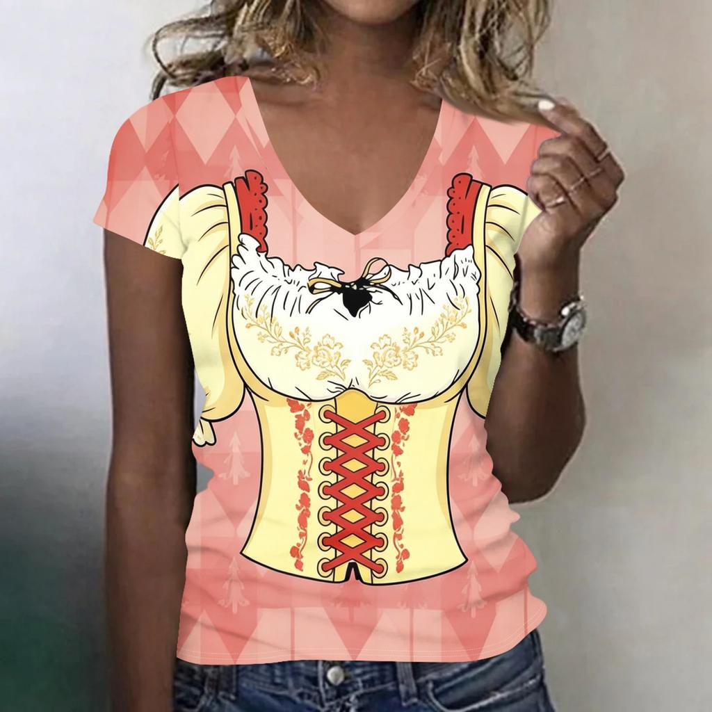 Camiseta casual de manga corta con cuello en V para mujer, top con estampado de Oktoberfest, tejido ligero y suave, ajuste cómodo, para uso diario