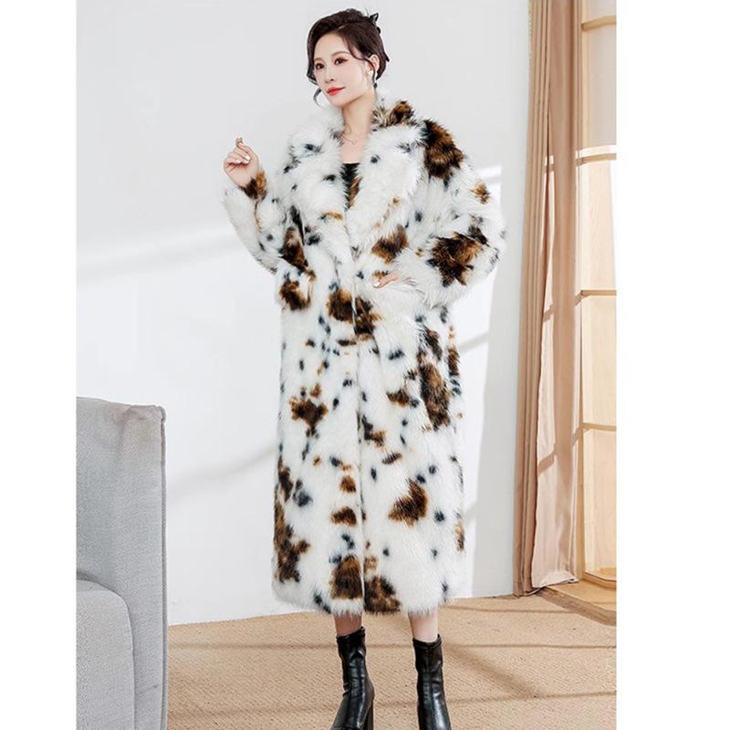 

Женская куртка с леопардовым принтом из искусственного меха, длинное пальто из лисьего меха, свободный модный плащ с набивным пуховым поясом S