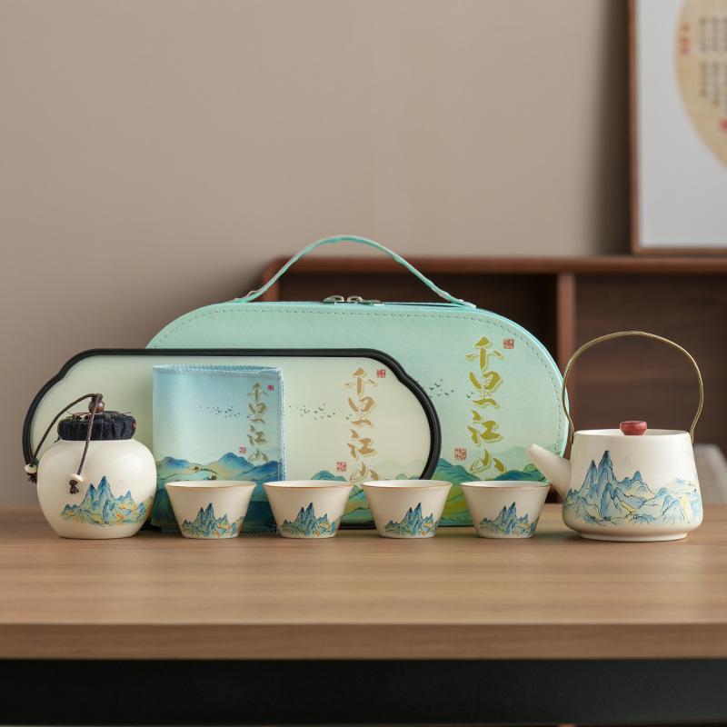 Company annual meeting gifts thousands of miles of Jiangshan Ru kiln travel tea set teapot souvenir portable Kung Fu Kuaike cup