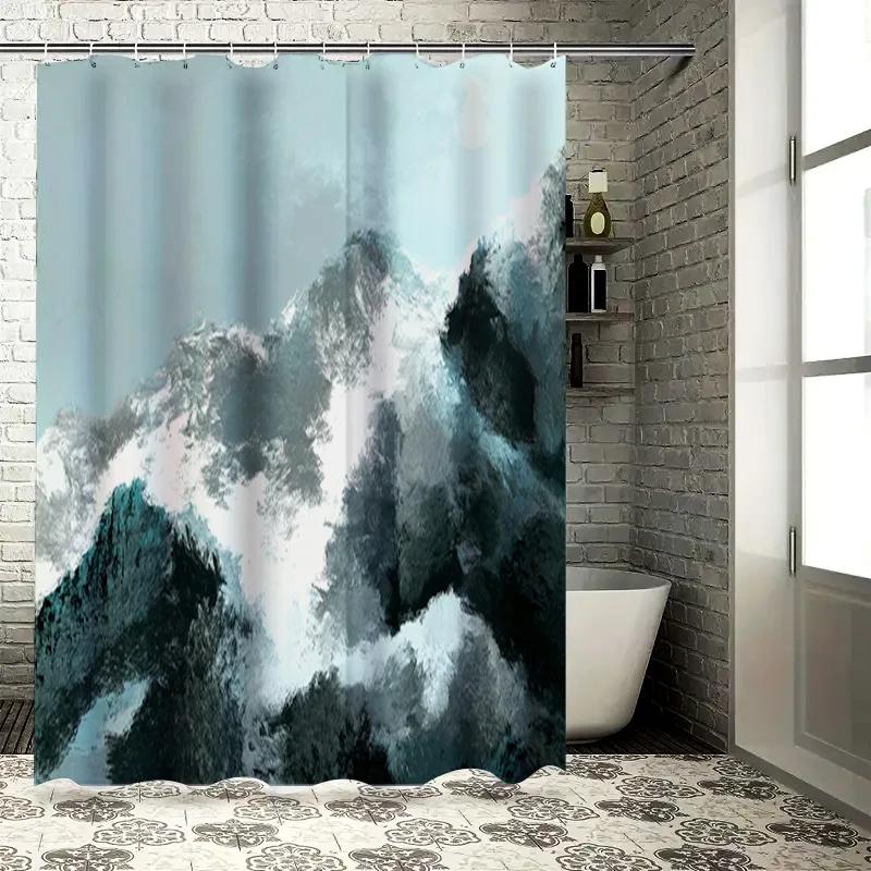 Blue Mountains Shower Curtain Bathroom Decor Waterproof Fabric for Bathtub Dark Blue White Print Design Modern Bathroom Accessor