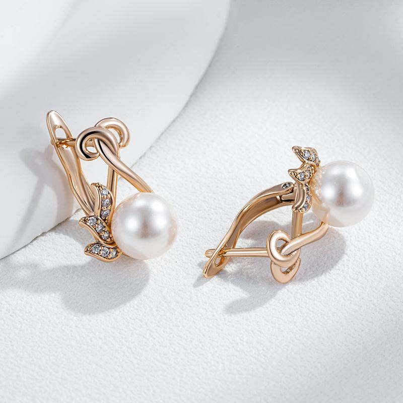 Luxury Crystal Flower Pearl Dangle Earrings For Women Trendy  Rose Gold Color With Natural Zircon Daily Fine Jewelry
