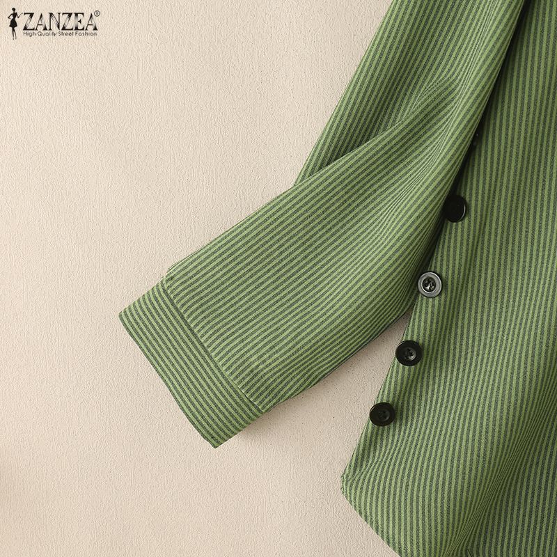 ZANZEA Women Turn Down Collar Loose Casual 3/4 Sleeve Stripe Blouse