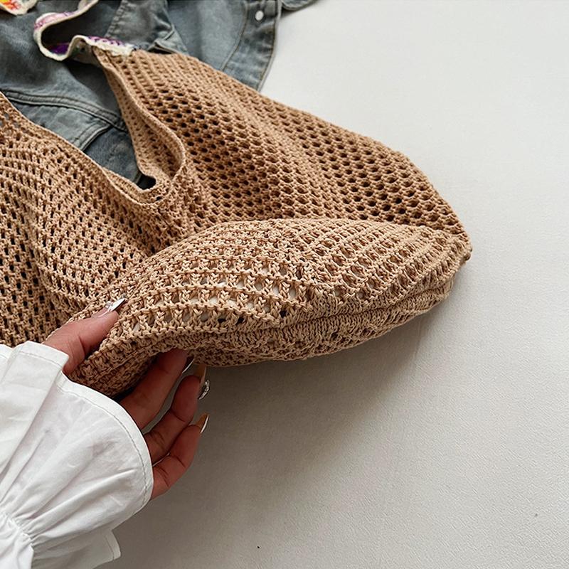 Large Capacity Crochet Tote Bag Ethnic Style Hollow Out Woven Bag Embroidered Strap Knitting Handbag For Female Travel AVE