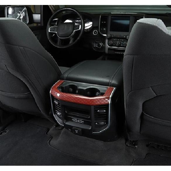 For - Dodge Ram 1500 Red Carbon Rear Cup Holder Panel Trim Cover Frame
