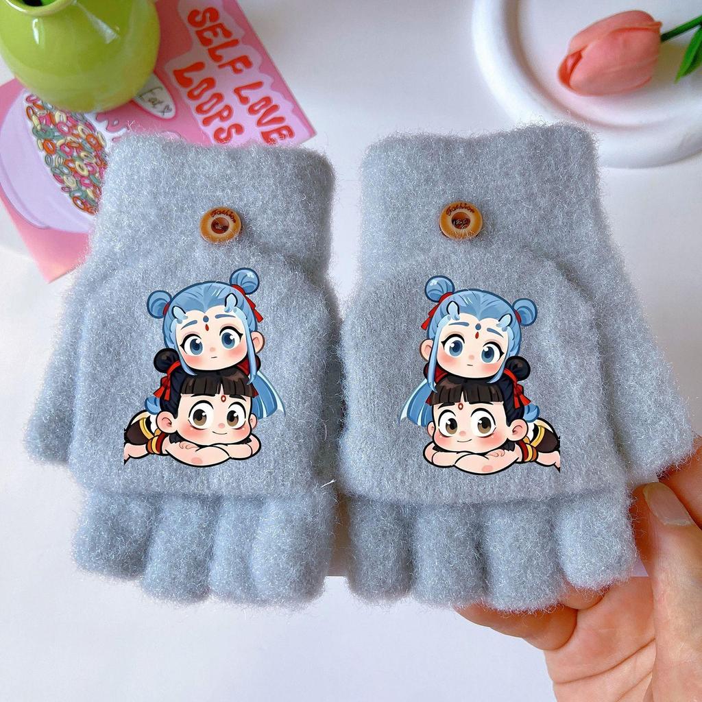 Nezha Ao Bing Winter Cartoon Fingerless Gloves: Thick, Windproof, Warm Knit for Girls