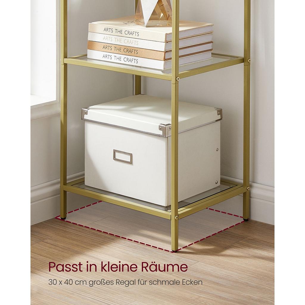 VASAGLE Bookcase, 6-Tier Bookshelf, Slim Shelving Unit for Bedroom, Bathroom, Home Office, Tempered Glass, Steel Frame, Metallic Gold