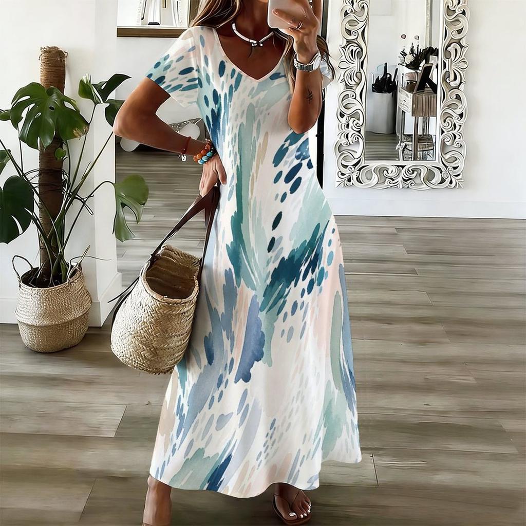 Women Plus Size V Neck Short Sleeve Printed Straight Maxi Dress