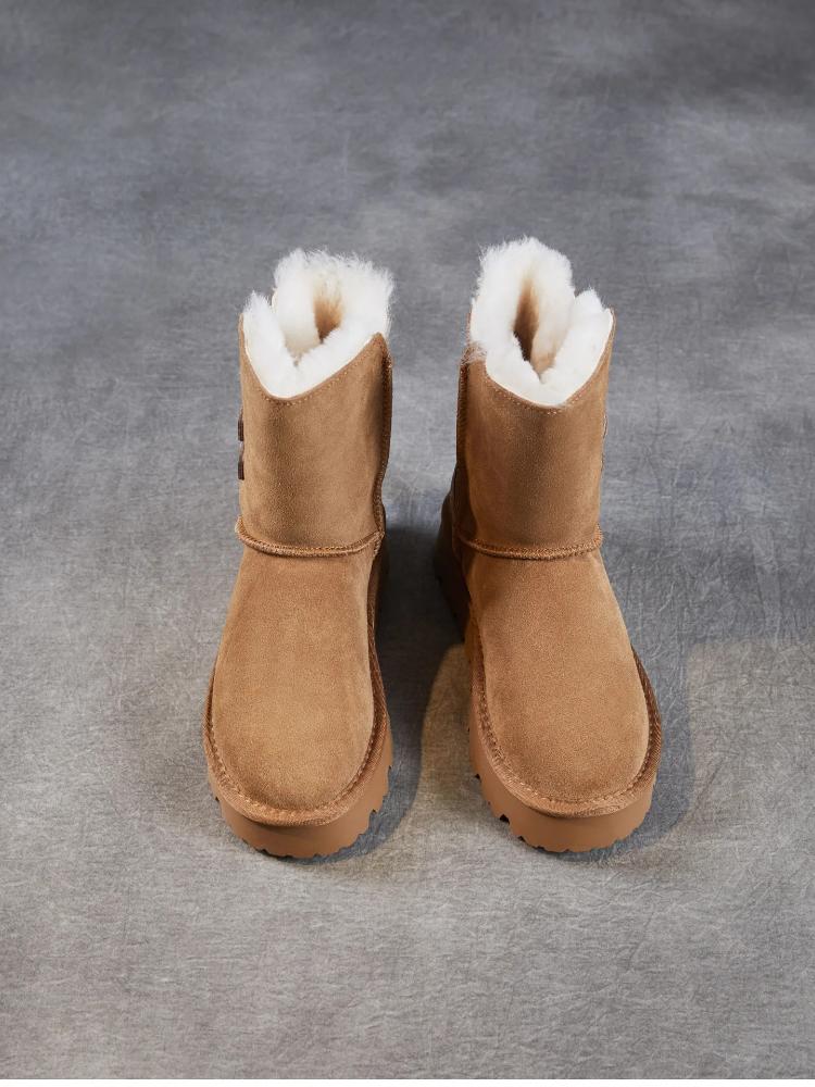 Johnature Wool Thick Soled Snow Boots Versatile Cow Suede Thickened Plush Warm Women's Mid-calf Boots