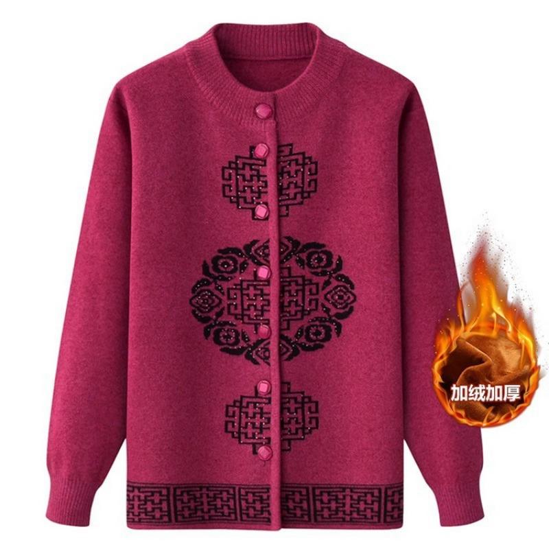 Mom's New Skills New Year's Festive Top In the Elderly Knitted Sweater Cardigan Piled Thickened Grandma Sweater Jacket