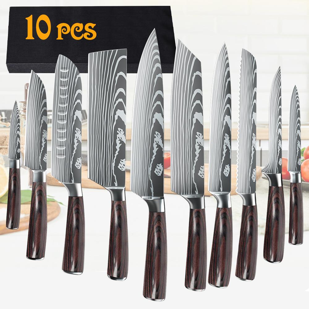 8/10pcs Gift Japanese Kitchen Knives Set Laser Damascus Pattern Chef Knife High Carbon Stainless Steel Sharp Fruit Slicing Knife
