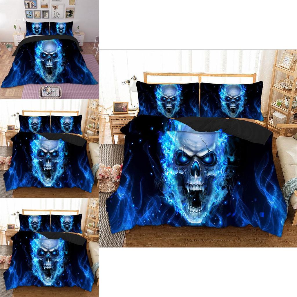 Premium 3d Blue Fire Skull Duvet Cover Pillow Cases Quilt Cover Bedding Set For All Sizes