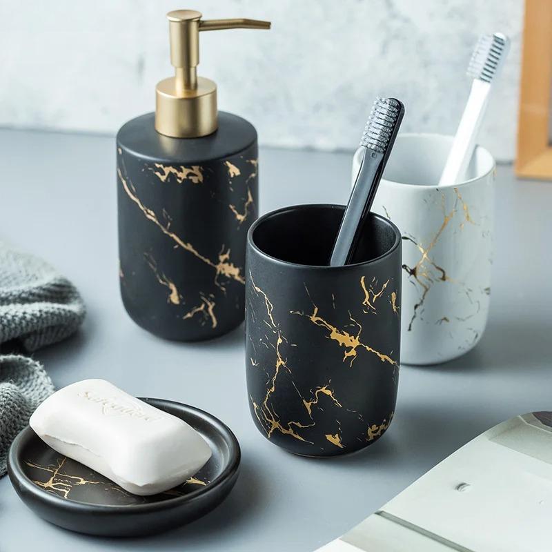 Nordic Matte Gold Ceramics Bathroom Accessories Set Soap Dispenser/Toothbrush Holder/Tumbler/Soap Dish luxurious Washing Set