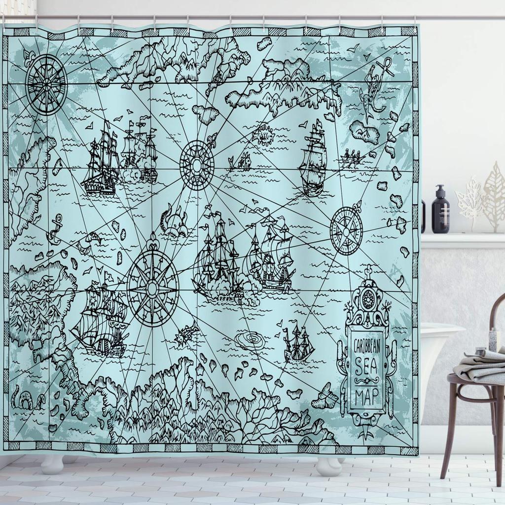 Maritieme Eilandkaart Douchegordijnen, Vintage Oude Kaart Piratenschip Decor Polyester Oceaan Oude Piraten Schatkaart Douchegordijn