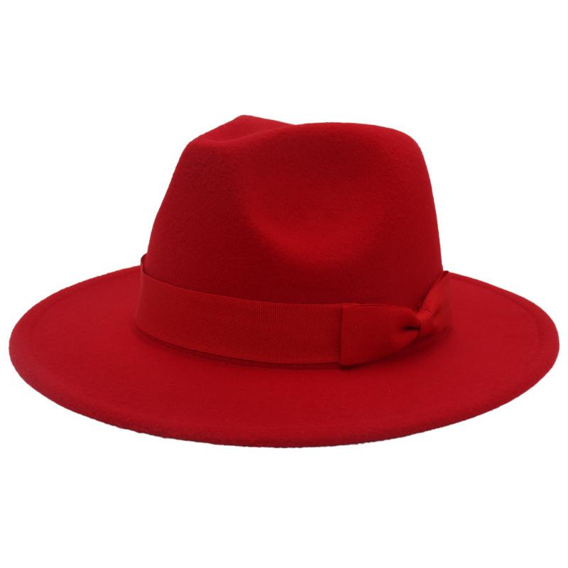 Europäischer und amerikanischer Stil Jazzhut Herbst und Winter Hut mit großem Schirm Mode Schleife Flacher Rand Zylinderhut Herren und Damen Wollfilzhut