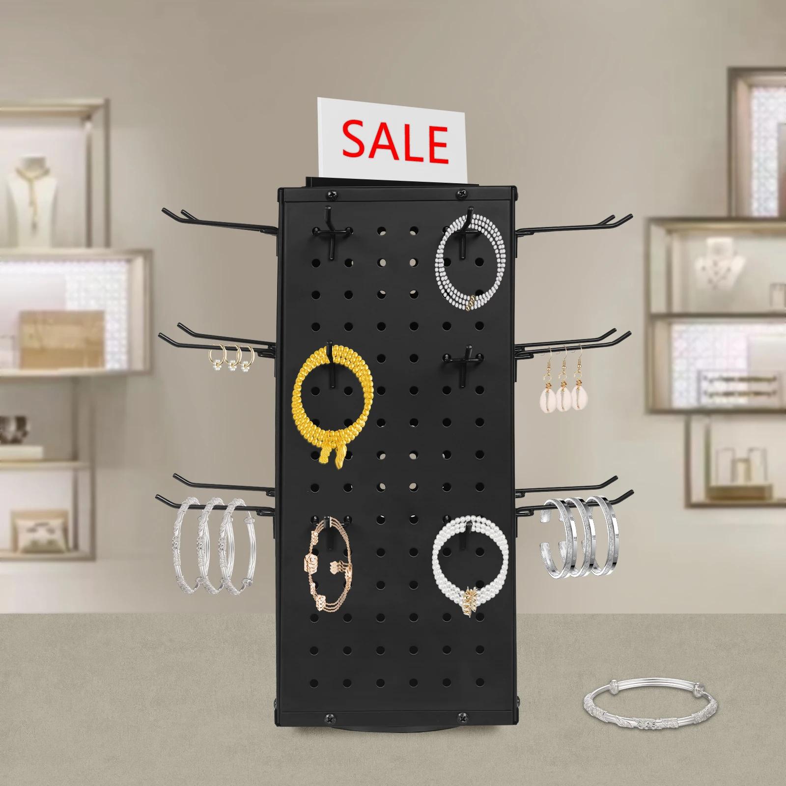 

360° Rotating Pegboard Display Stand - 4-Sided Craft Organizer with 24 Hooks - 17in Modern Steel Storage Rack for Home & Office чорний