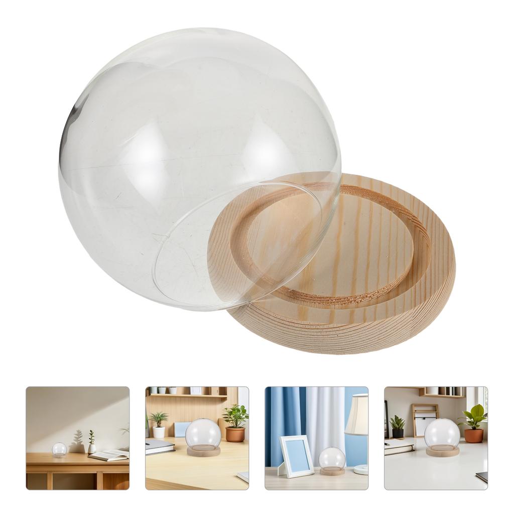 1 Set Round Glass Display Dome Cloche Wood Base Small For Preserved Flowers Figurines Decoration Transparent Dust-Proof Showcase