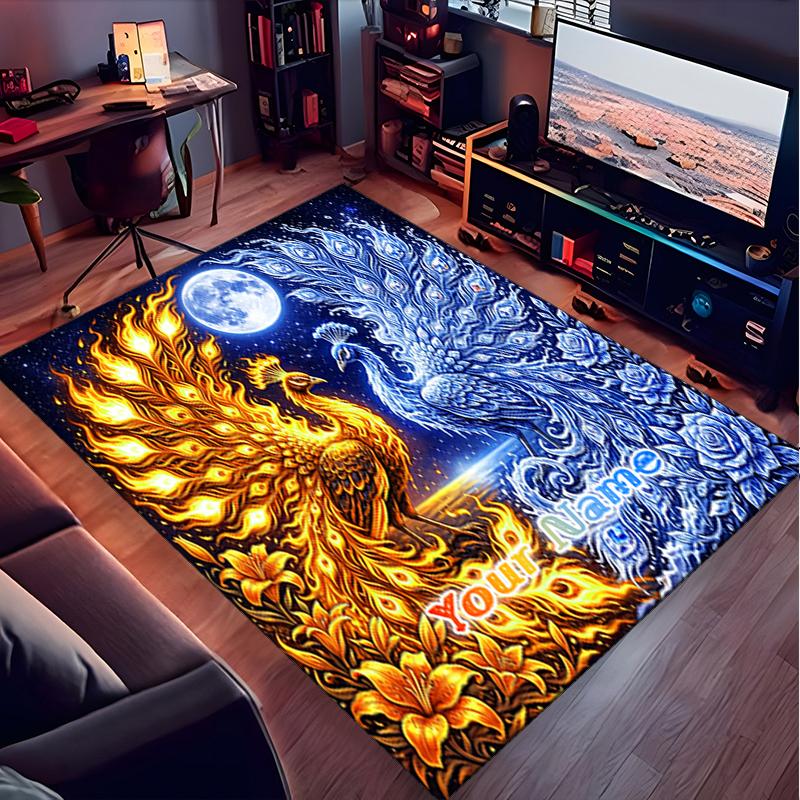 1PC Custom Name Golden Phoenix Blue Peacock Theme Floor Mat Ideal for Living Room, Game Rooms, Office, Bedroom,Floor Mat Playful Design
