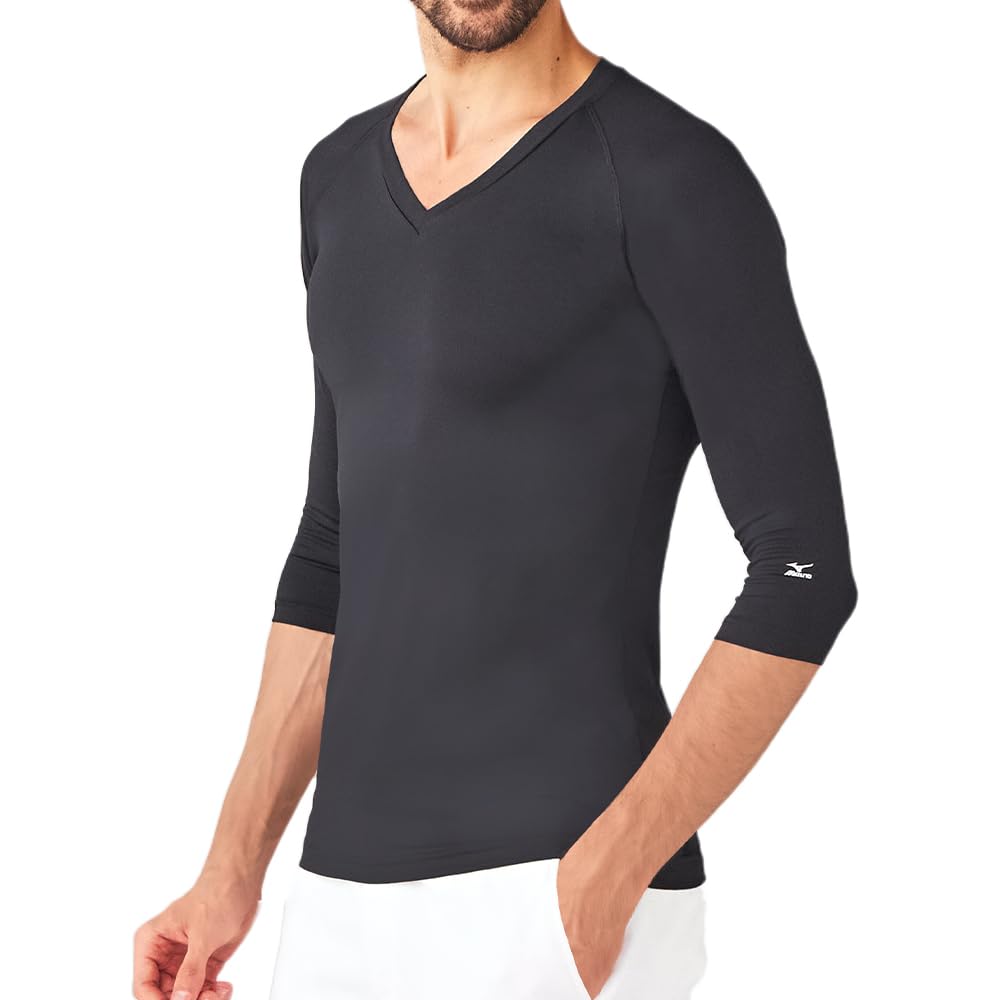 Mizuno MZ0135 Men's C-10 Stretch/Moisture-Wicking/Quick-Drying Underwear, Black, (Three-Quarter Sleeves)