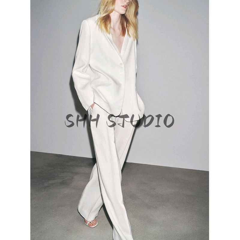 Long Sleeve Indented Lapel Linen Blend Blazers 3736045 Mid-Waist Casual Trousers 3736046