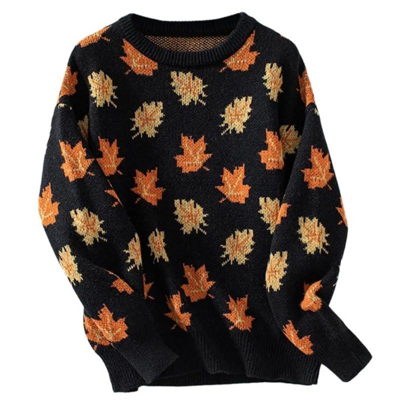 

Женский осенне-зимний пуловер с жаккардовым узором в виде кленовых листьев, с длинным рукавом, круглым вырезом, вязаный, повседневный, свободного кроя, джемпер-топ S