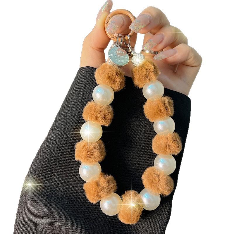 Autunno Inverno Peluche Cordoncino per Telefono Moda Perla Pompon Perline Catena Pendente per Telefono Corto da Polso Catena Portatile