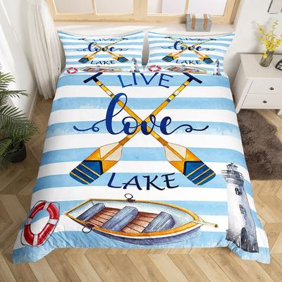 Nautical Bedding Set King Queen Size Lighthouse Paddle Fishing Boat Duvet Cover Cartoon Blue Stripe Lake Microfiber Quilt Cover