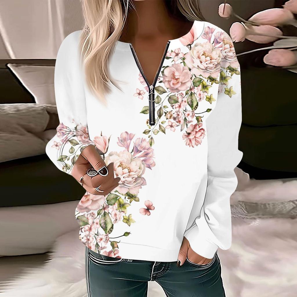 Women Sweatshirt Pullover Basic Quarter Zipper Long Sleeve Print Flowers Hoodie Casual Top