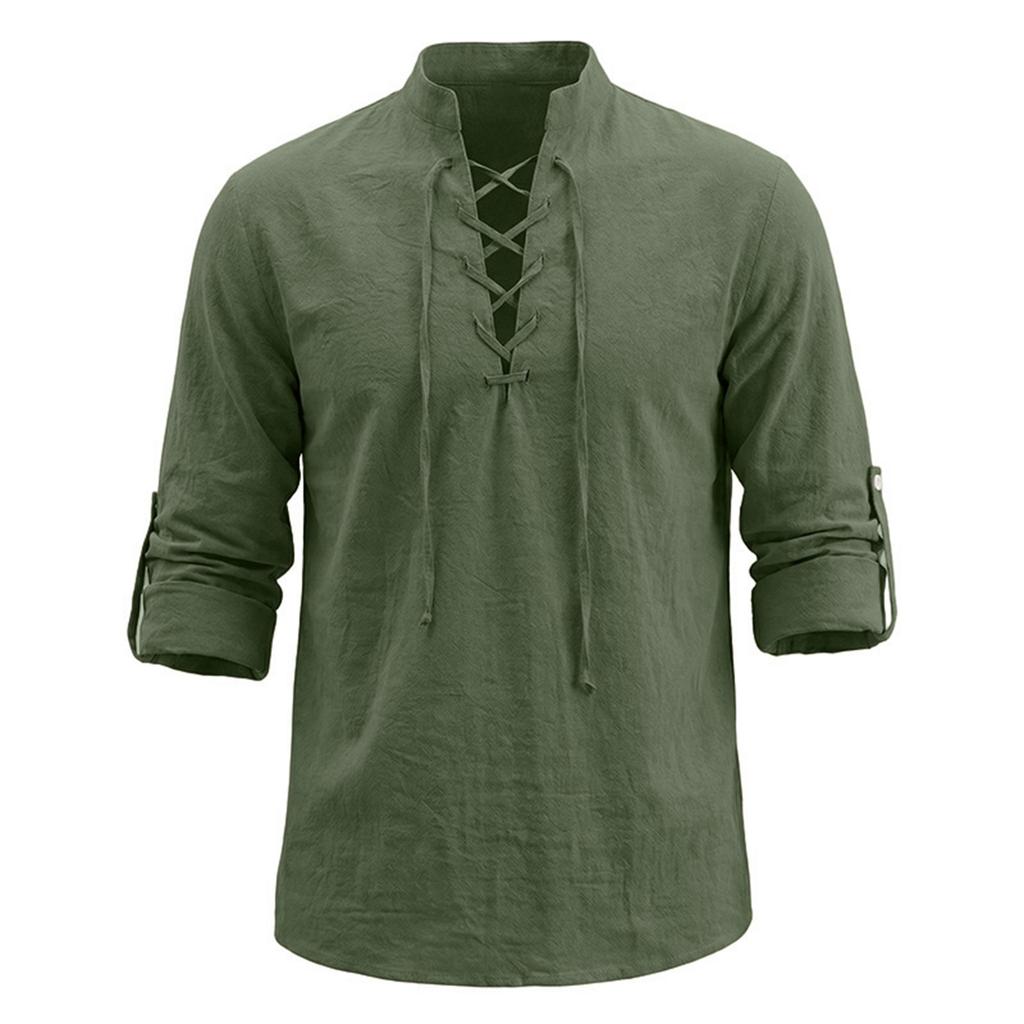 Men's Cotton-Linen Drawstring Collar Long-Sleeve Top Men's Casual Stylish Long-Sleeve Shirt