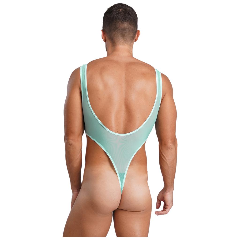 Herren Durchsichtiges Netz Ärmellos Offener Rücken Beutel Hoher Beinausschnitt Einteiler Bodysuit Jumpsuit