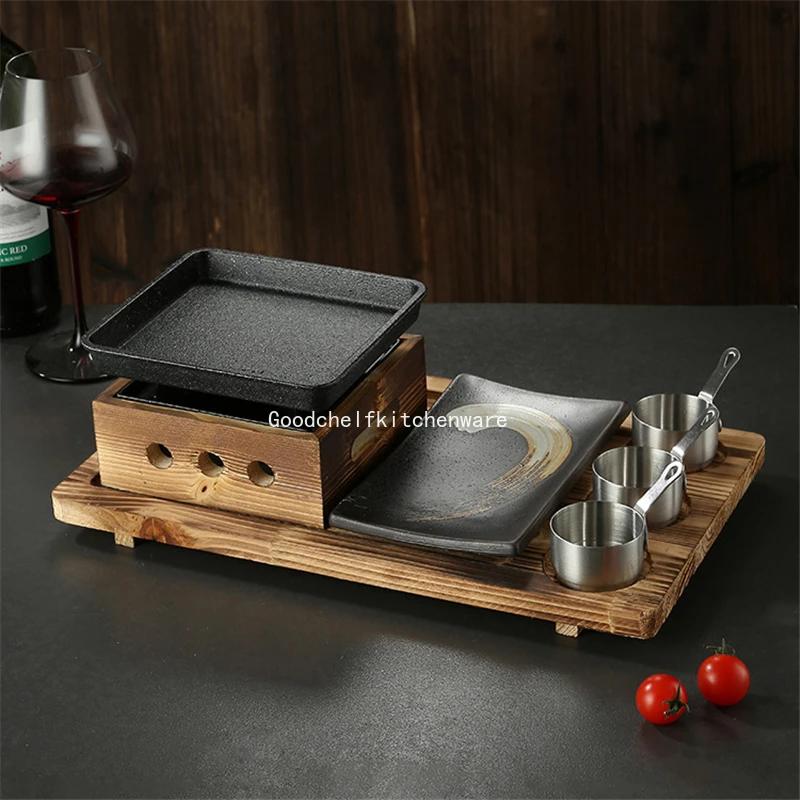 Korean Style Barbecue Stove Set Dining Room Single and Double Tableware Cast Iron Barbecue Plate Square Alcohol Oven Baking Tray