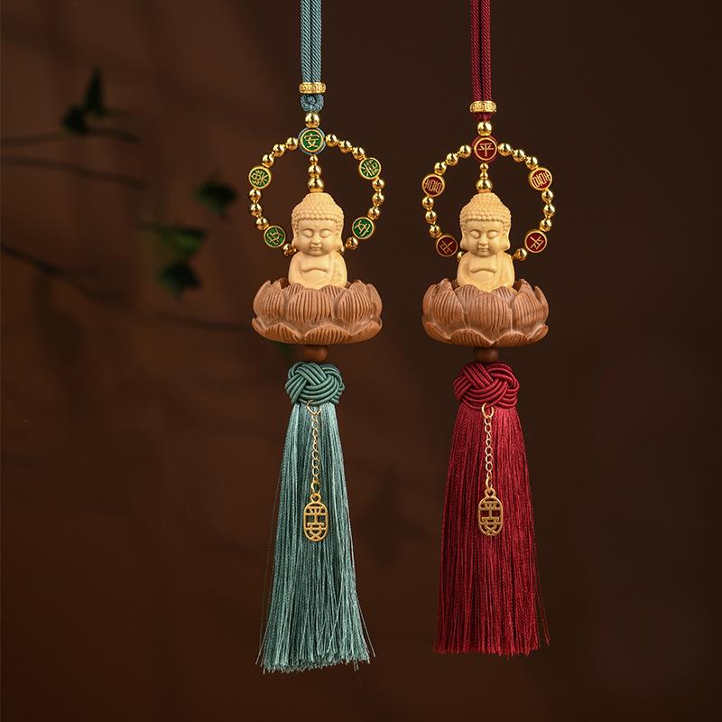 Carved Lotus Buddha Car Pendant Car Rearview Mirror Solid Wood Bodhi Tassel Figurine Hanging Decor Auto Interior Lucky Ornaments
