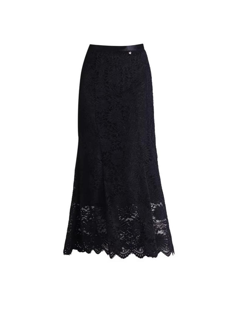 Black Lace Floral Mermaid Midi Skirt - 2026 Spring High-Waist, Slimming, Hip-Hugging Design