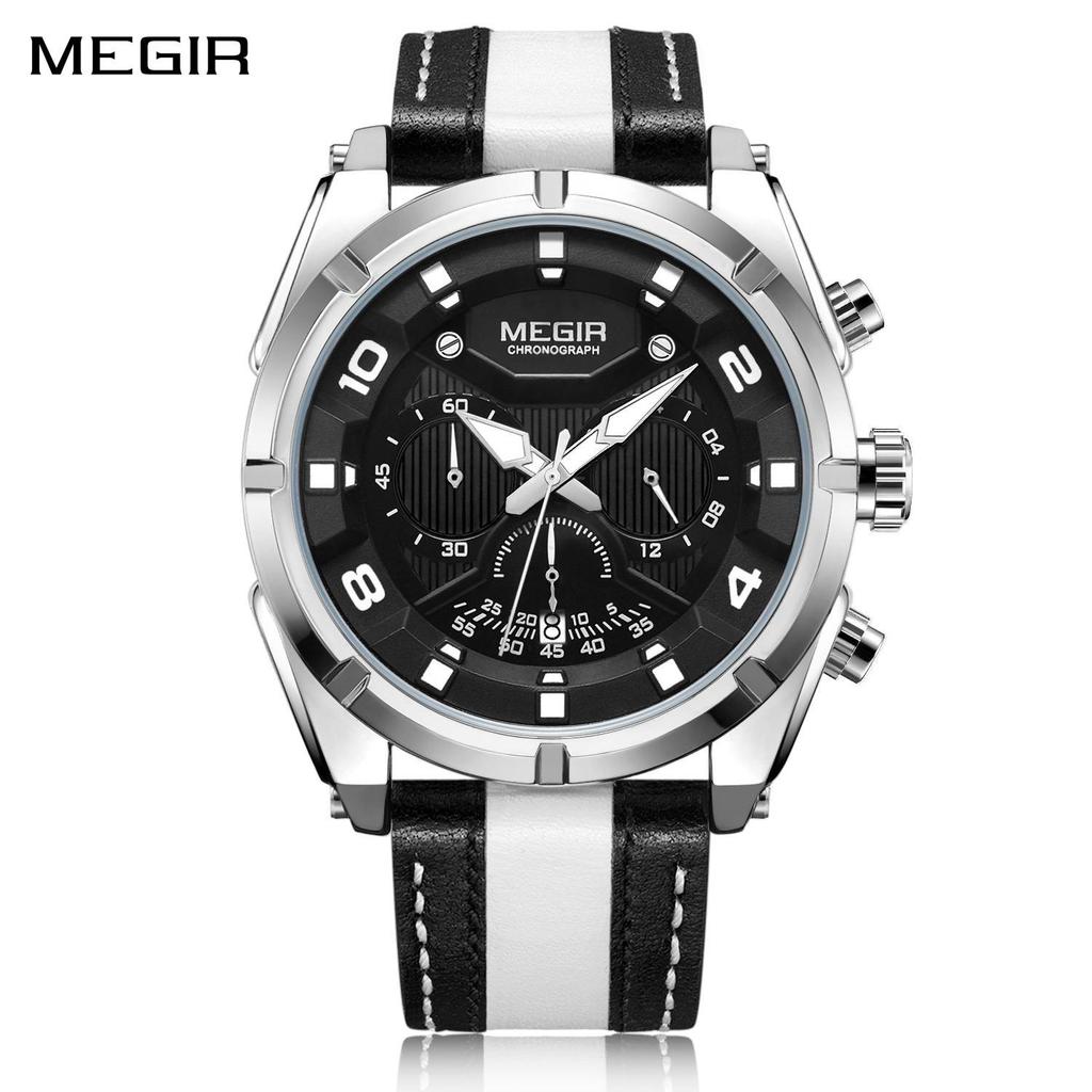 Megir Outdoor Sports Quartz Watches Men Top Luxury Brand Chronograph Leather Waterproof Wristwatches