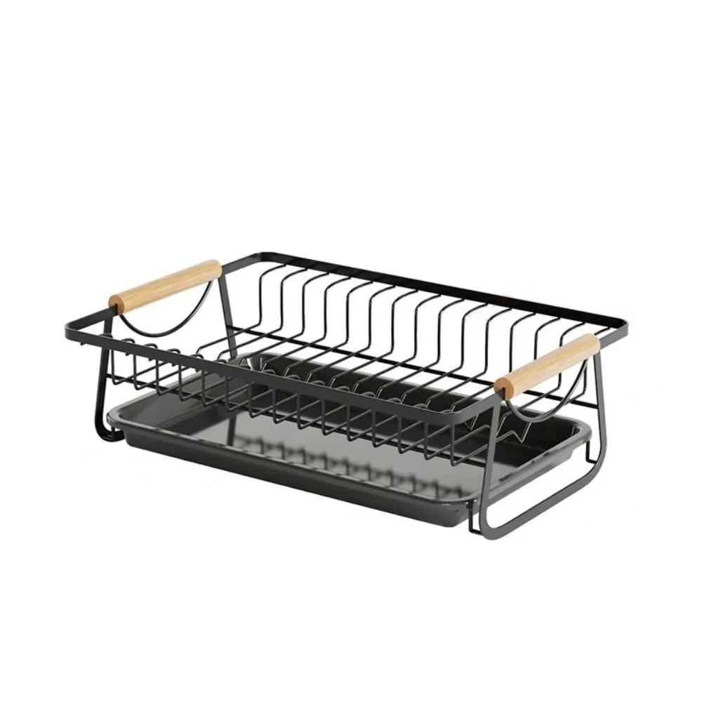 

Multifunctional Dish Rack Wood Handle Modern Style Water Filter Shelf Removable Tray Drain Basket Kitchen Countertop Storage чорний