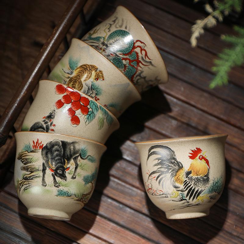 Hand-Painted Zodiac Tea Tasting Cup Set - Retro Style Chinese Handmade Master Cups
