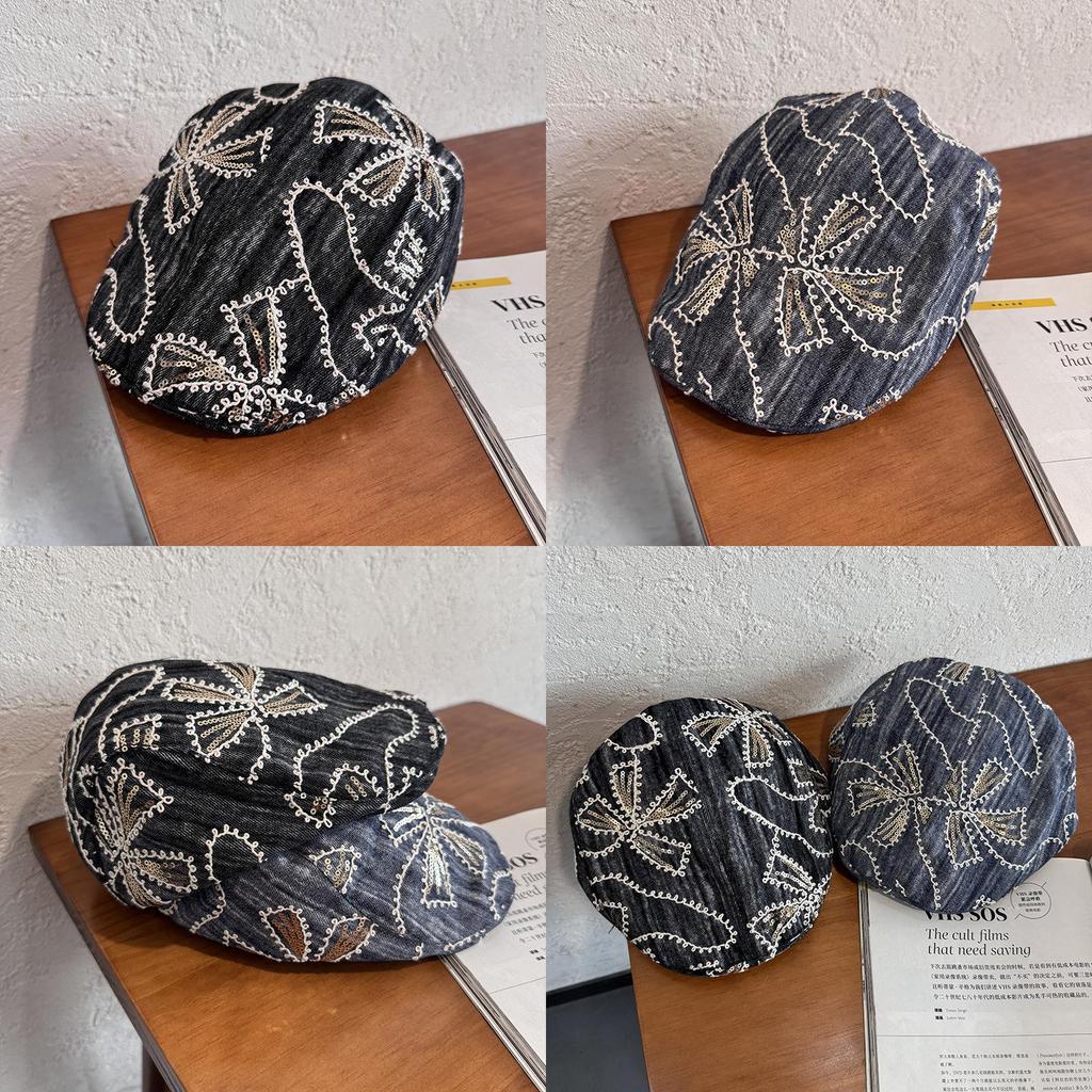 Bestickte Blumen-Denim-Baskenmütze Mit Sonnenschutz Für Frühling Sommer Modeaccessoires