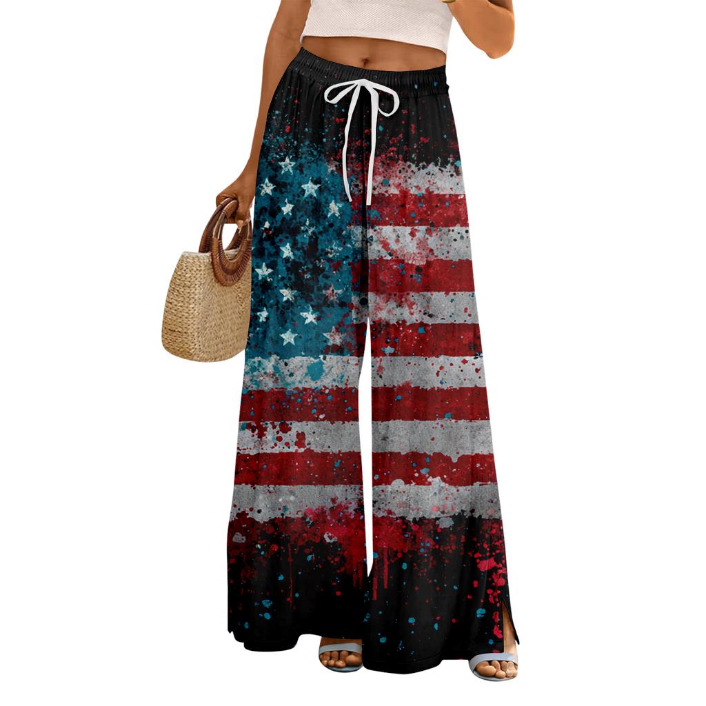 Women Summer Boho Palazzo Pants High Waist Wide Leg Floral Printing Casual Trousers With Pockets
