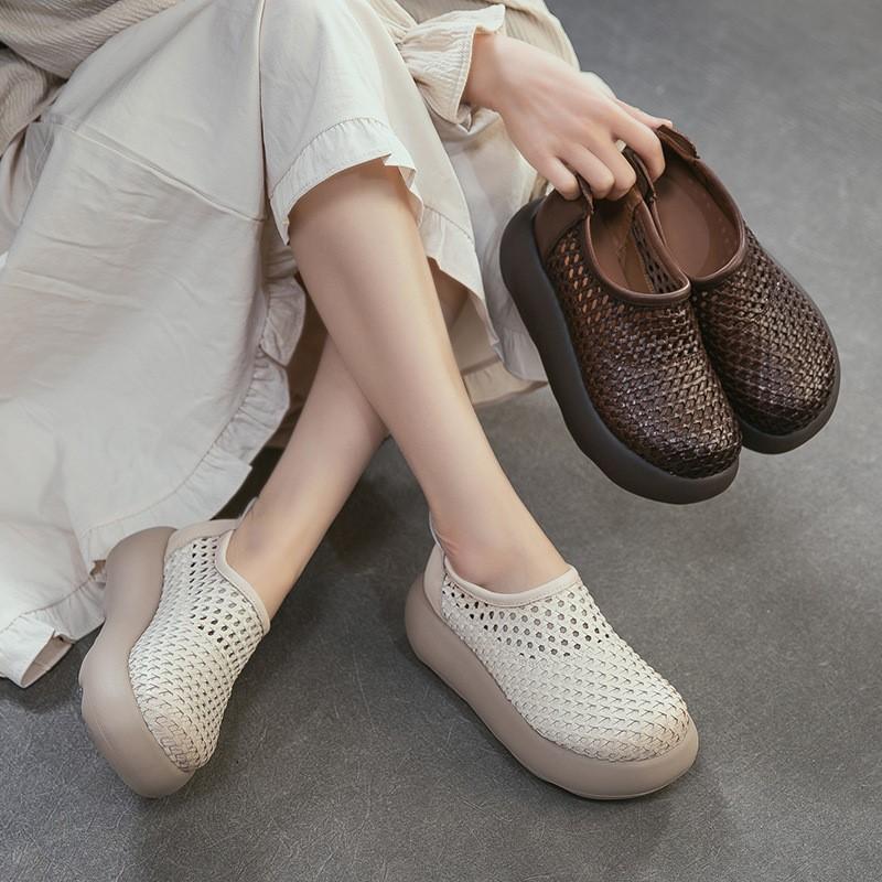 Johnature Retro Hollow-out Breathable Woven Genuine Leather Thick Soled Sandals Simple Women's Platform Shoes