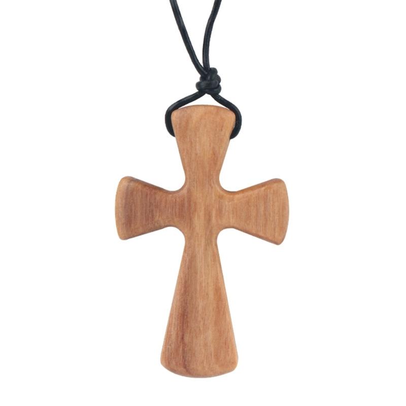 Hand-carved Tapered Wood Cross-shape Necklace Long Leather Rope Adjustable Olive Wood Pendant for Boys Girls Men Women