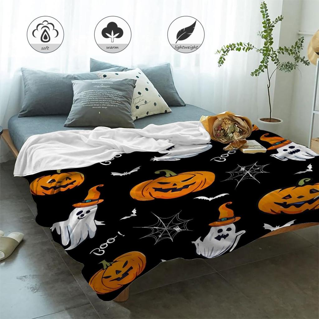 1PC Halloween Throw Blanket Pumpkin Skull Bats Witch Black Cats Thin Blanket Gifts for Couch Bed Car Home Camping All Season Use