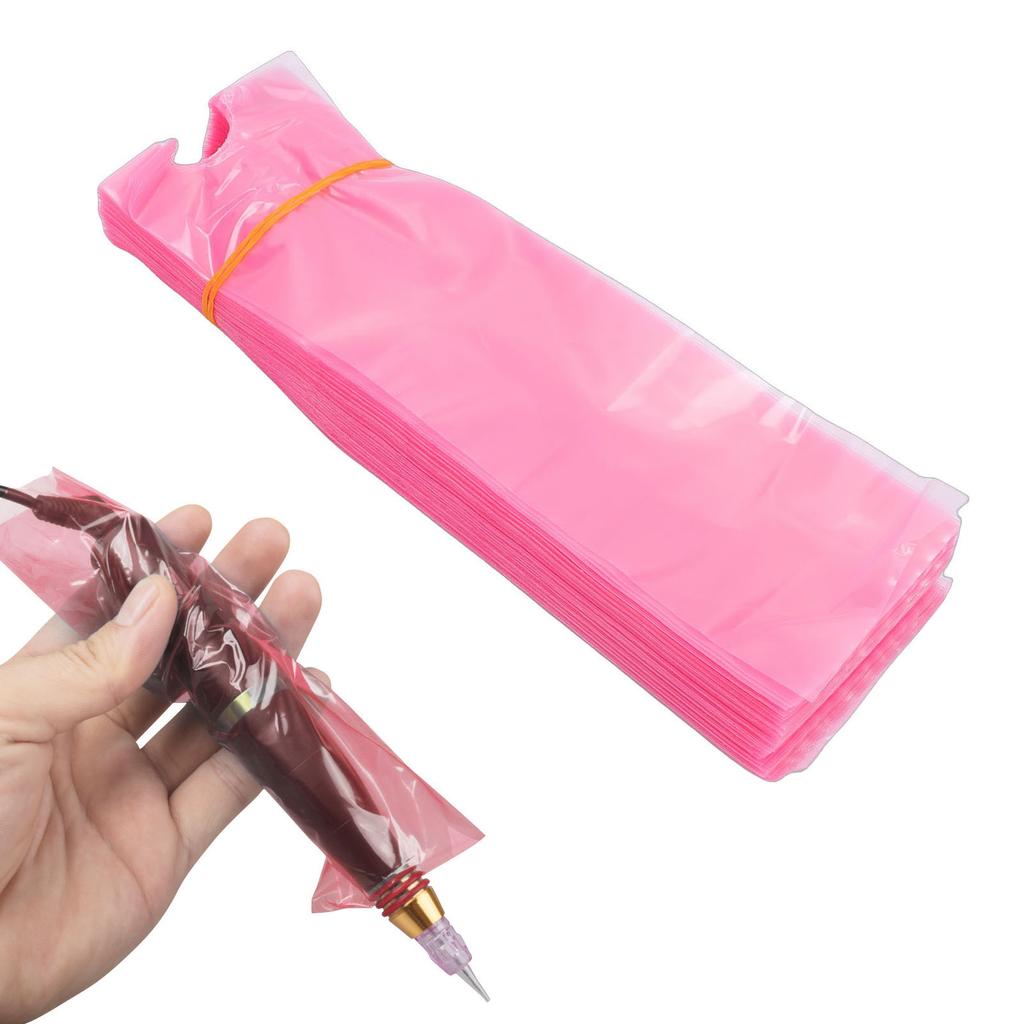 100 Stück Tattoo-Maschinenabdeckungen Wasserdicht PE Antistatisch Einweg Tattoo-Stift-Hülsen Rosa