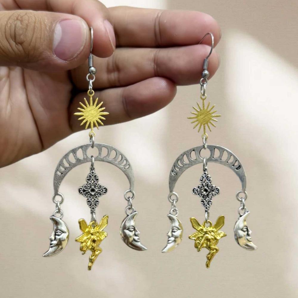 Bohemian-style Hollowed-out Crescent Moon Human Face Sun Butterfly Dangle Earrings for Woman Dramatic Jewelry Accessories Gifts