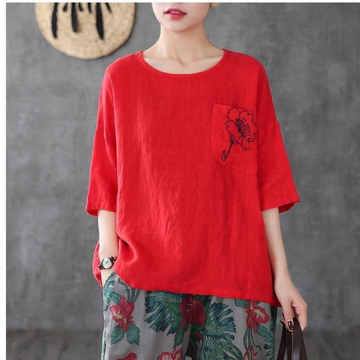 Retro Loose Large Size Women's Flower Embroidered Pocket Short-sleeved Loose Slim Blouse Cotton Linen T-shirt Half-sleeved Top